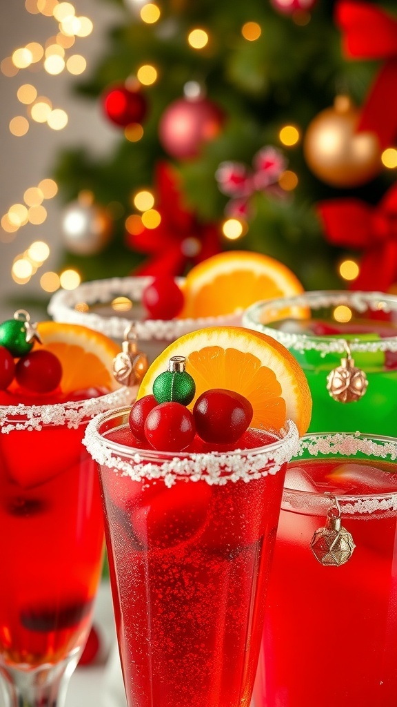 Festive Christmas cocktails with cranberries and orange slices, garnished with sparkling sugar and mini ornaments.